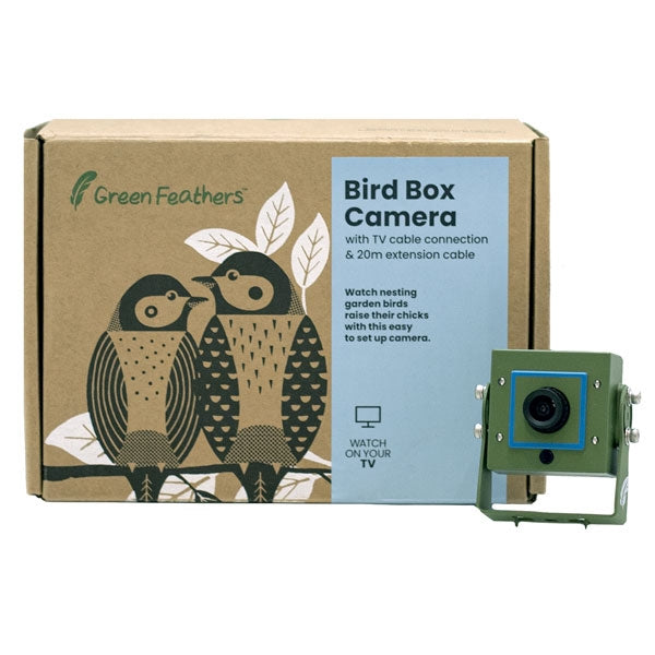 Bird box camera starter pack contents;Cable connected bird box camera;Bird box with removable front;Wired camera close up