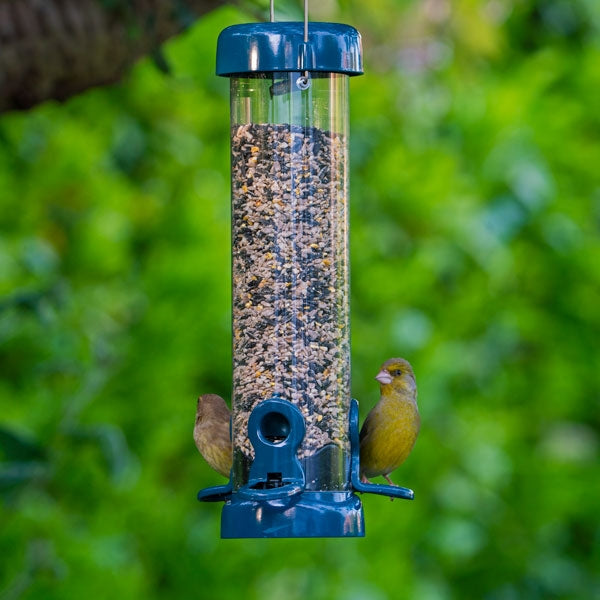 Flo Festival Seed Feeder Range; Flo Festival Seed Feeder with goldfinch; Flo Festival Seed Feeder with greenfinch; Flo Festival Seed Feeder with garden