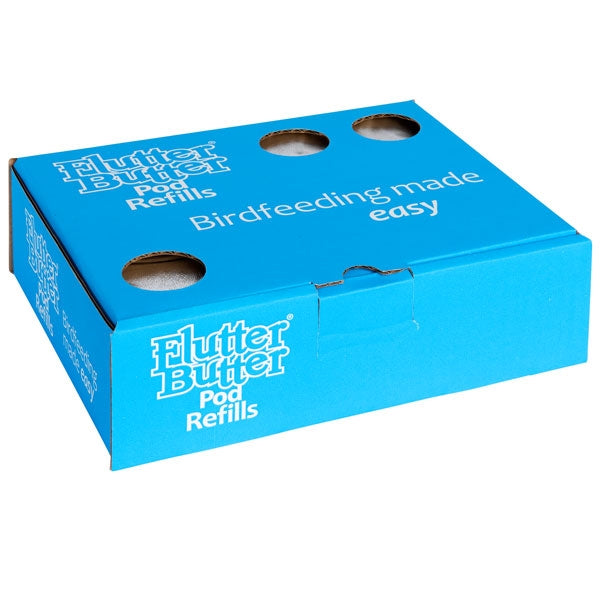 Flutter Butter Refills Fruity; Flutter Butter Pod Refills 80% less plastic; Birds fight over Flutter Butter; Peanut Butter for Birds