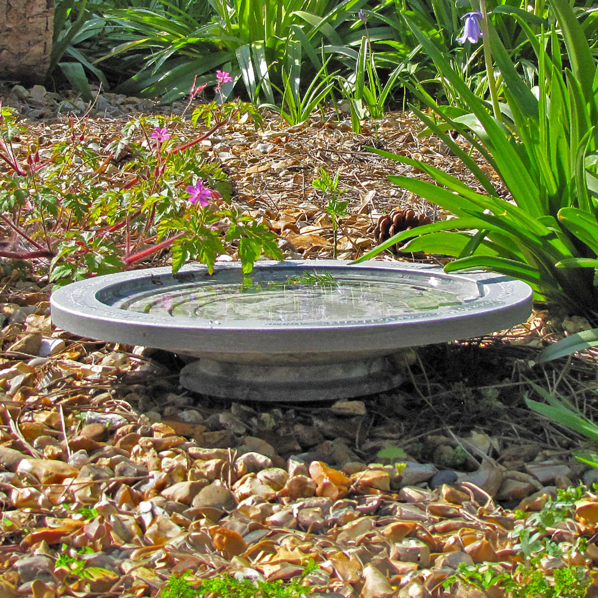 Oasis bird bath on rocky flower bed