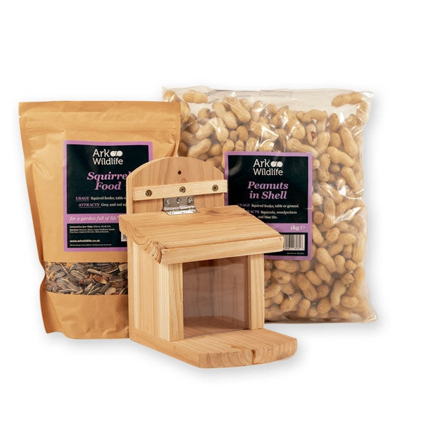 Squirrel Feeder and Food Pack; Squirrel Feeding; Red squirrel food; Grey squirel with monkey nut eating