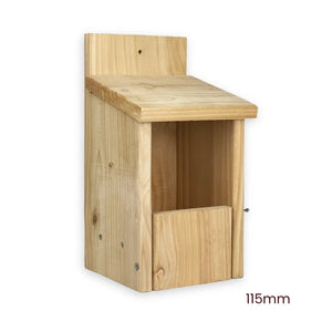Wooden bird box with dimensions 115mm on a white background