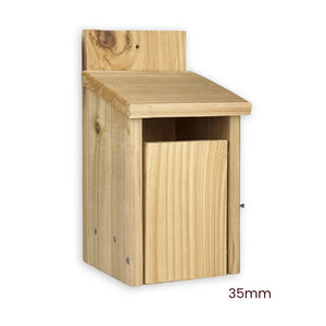 Wooden bird box with a 35mm measurement label on a white background