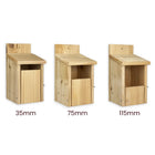 Three wooden nest boxes of different openings labeled 35mm, 75mm, and 115mm on a white background.