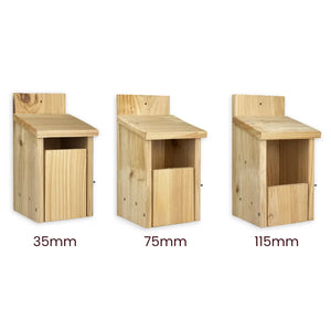 Three wooden nest boxes of different openings labeled 35mm, 75mm, and 115mm on a white background.