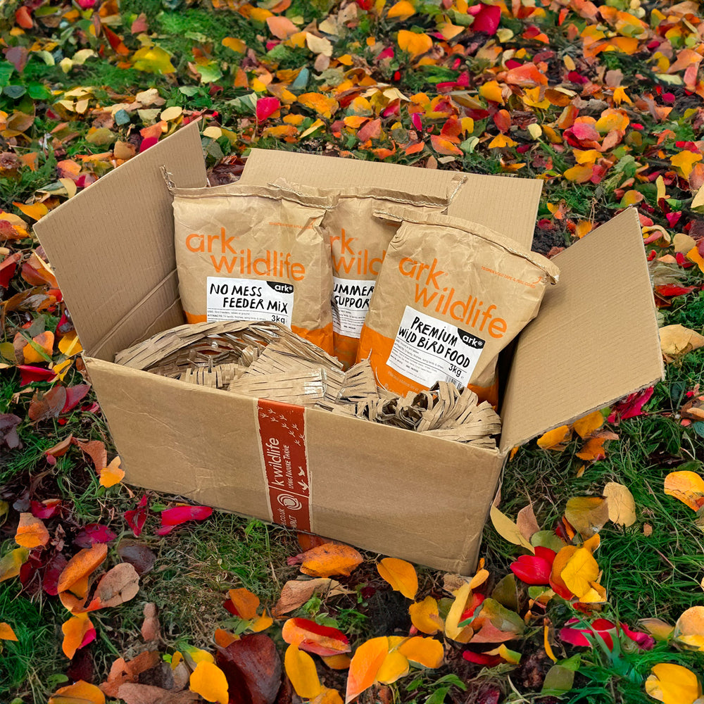 Three brown paper bags of Ark Wildlife premium and balanced bird food placed inside an open cardboard box filled with shredded paper, set on grass outdoors surrounded by colorful autumn leaves.