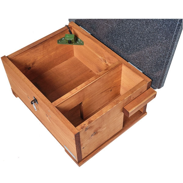 WiFi Hedgehpg Box Camera Pack Contents;Hedgehog House with Hinged Roof;Inside of Hedgehog Box showing camera placement