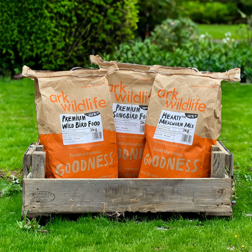 Three bags of Ark brand bird food placed in a wooden crate on a grassy lawn. The bags are labeled as 'Ark Wildlife Premium Wild Bird Food', 'Ark Wildlife Premium Songbird Food', and 'Ark Wildlife Hearty Mix'.