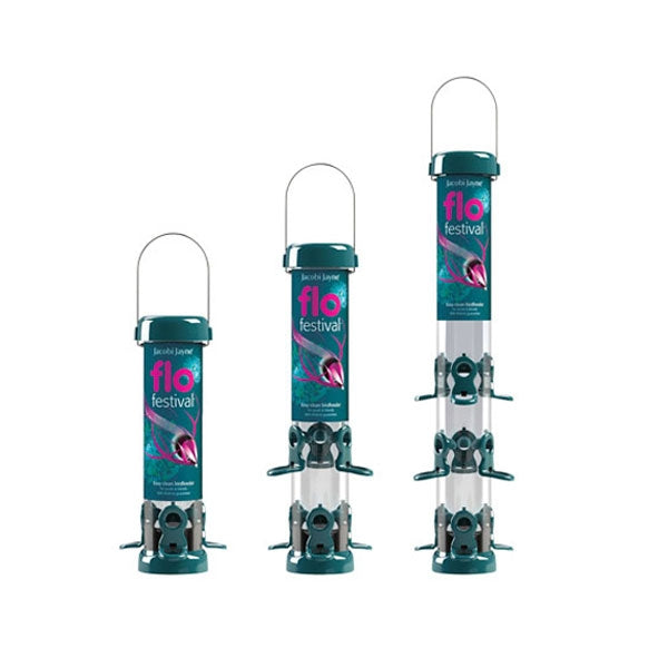 Flo Festival Seed Feeder Range; Flo Festival Seed Feeder with goldfinch; Flo Festival Seed Feeder with greenfinch; Flo Festival Seed Feeder with garden