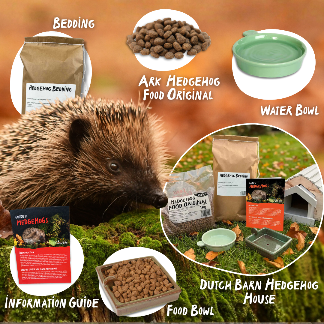 A collage showing a hedgehog next to wildlife accessories and products: bedding, food, a water bowl, an information guide, a food bowl, and a Dutch Barn hedgehog house. The background is a blurred natural outdoor scene.