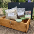 Wooden hedgehog house including bedding, food, and a bowl on a natural background.