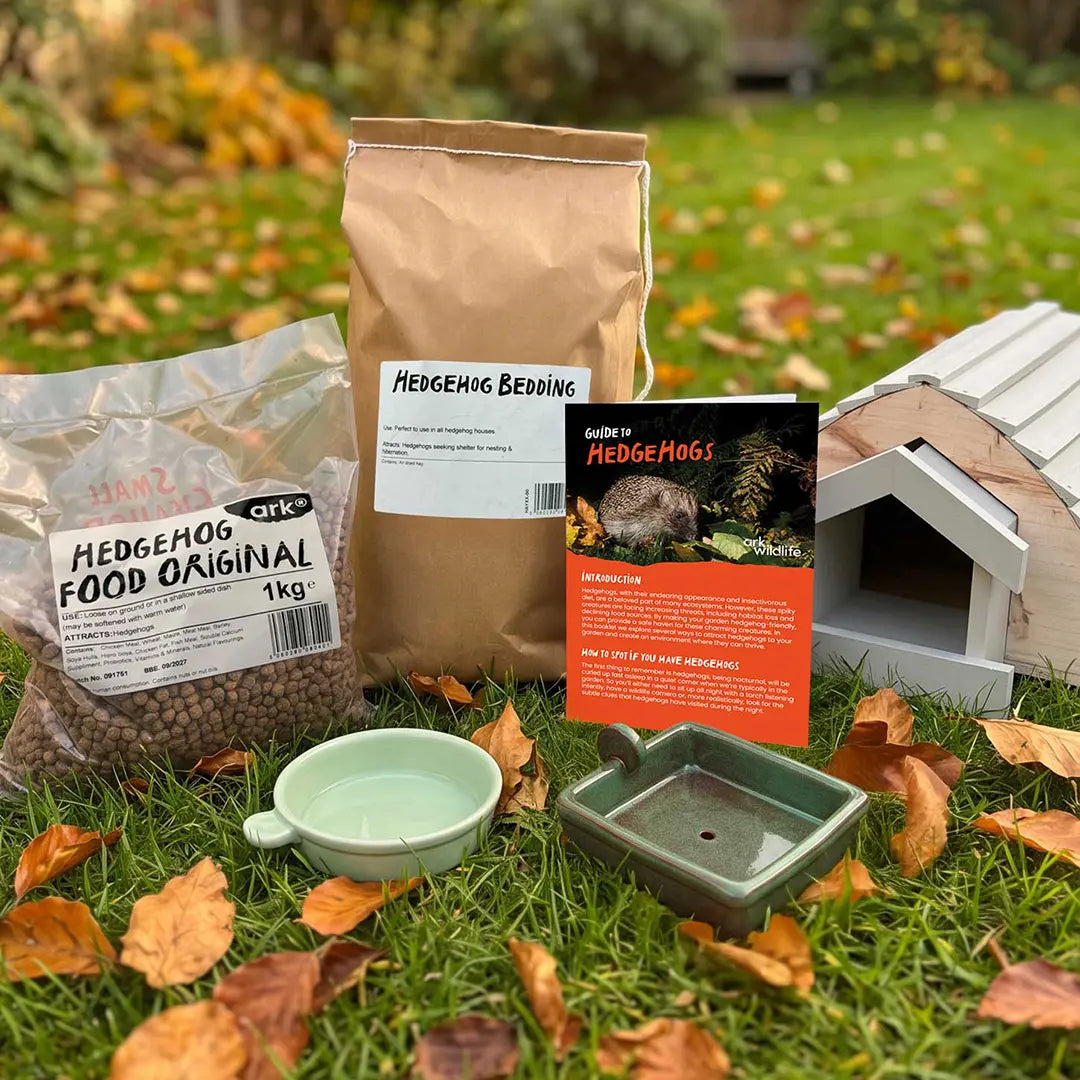 A hedgehog house starter kit arranged on grass with scattered autumn leaves, including a paper bag of hedgehog bedding, a bag of hedgehog food, a small light green bowl, a square green dish, a printed guide card, and a wooden hide.