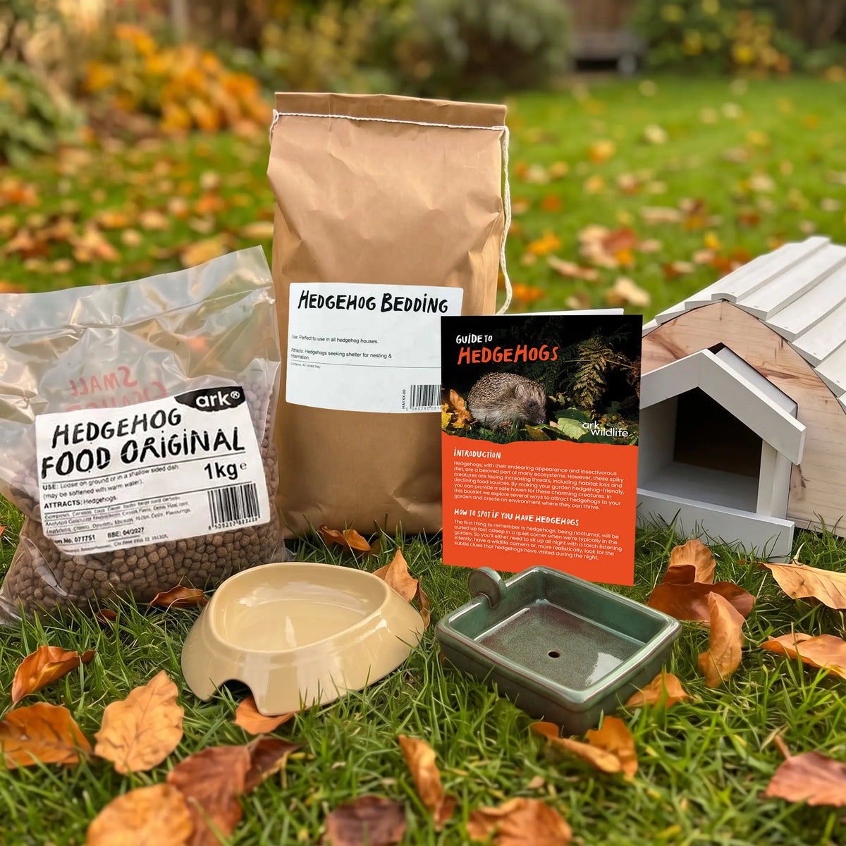 Ark Wildlife hedgehog house bundle with hedgehog food, dutch barn hedgehog house, hedgehog food bowl, hedgehog water bowl, hedgehog guide and bedding