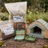 Hedgehog care products including bedding, food, and a house on a natural background.