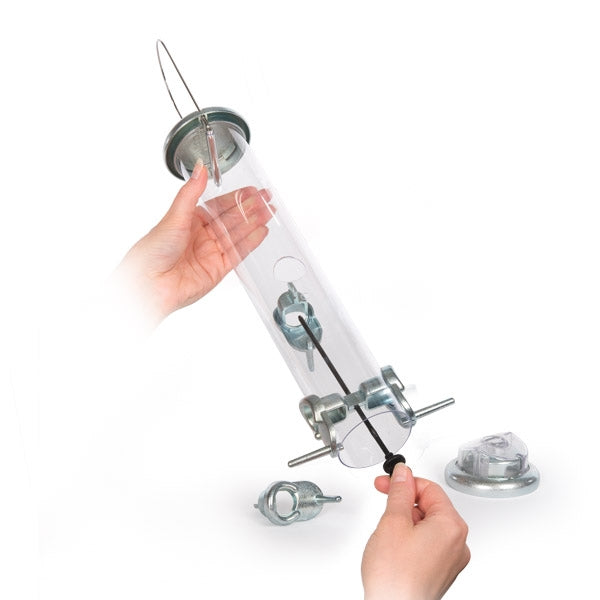 Ring Pull Bird Feeders; Ring Pull Seed Feeder being enjoyed in the garden; Easy clean and assembly mechanism
