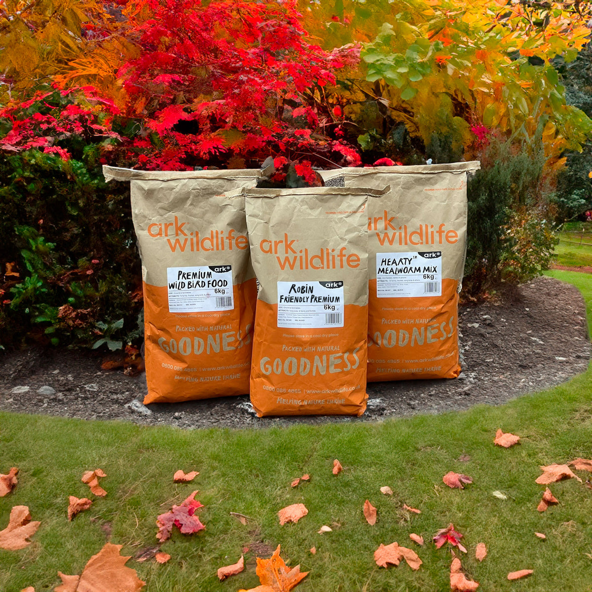 3 bags of ark wildlife bird food on an autumn background