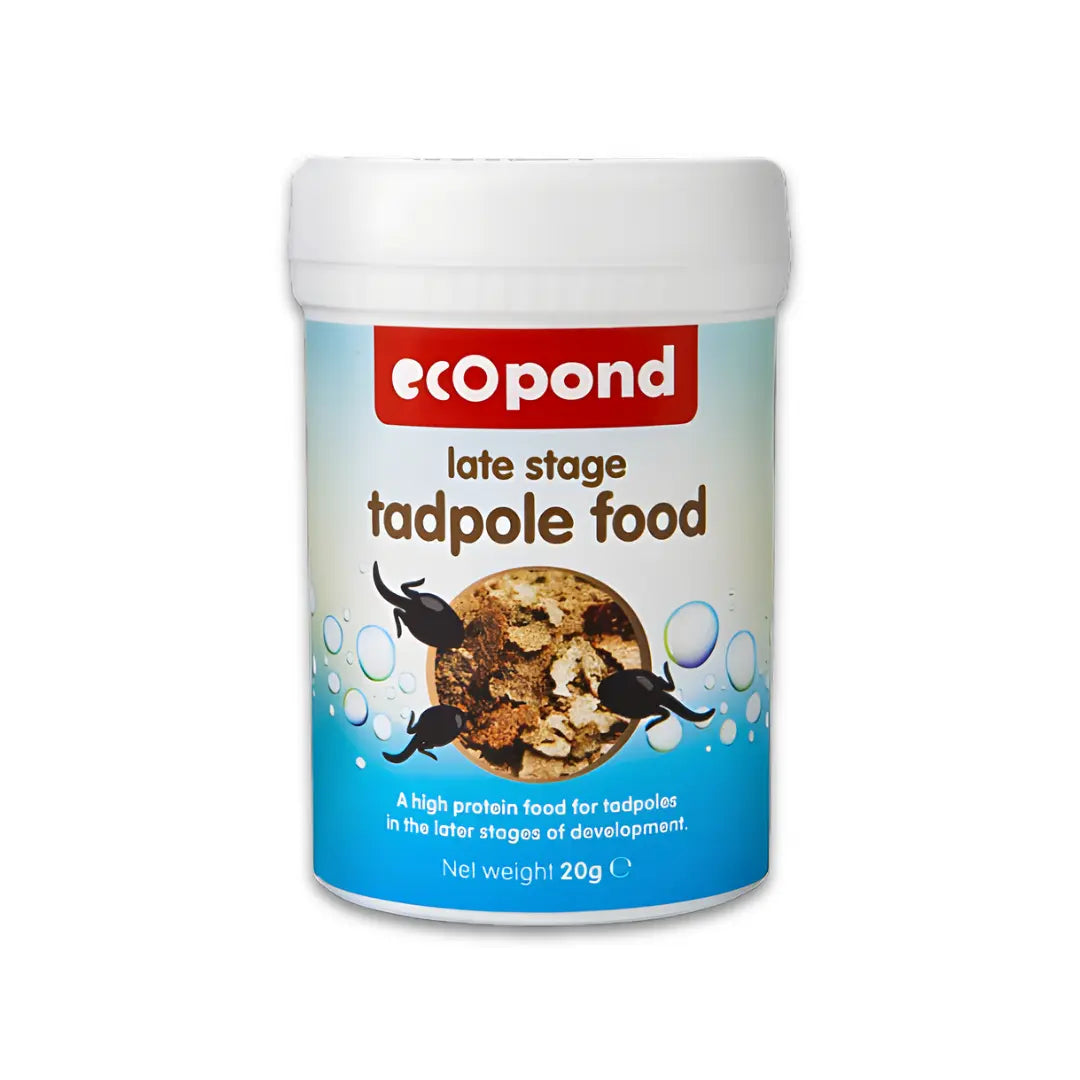A container of ecopond late stage tadpole food with an image of tadpoles on the label.