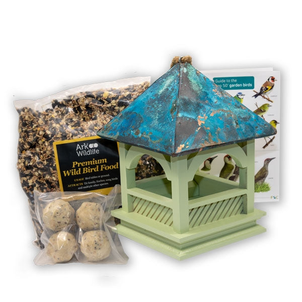 Bempton Bird Table Pack including foods; Robin feeding from a Bempton Hanging Bird Table; Siting a Bempton Hanging Bird Table; Blue tits feeding from the Bempton Hanging Bird Table